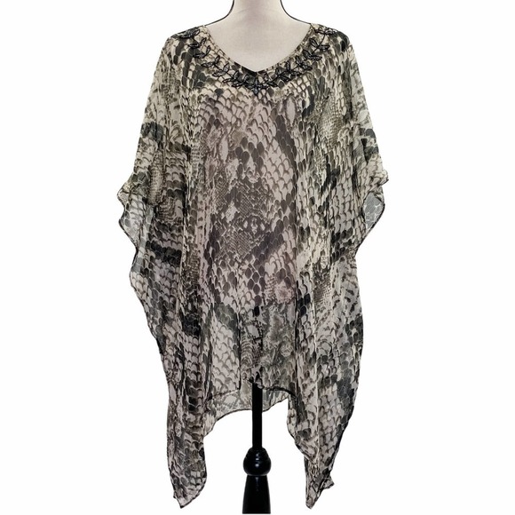 SNAKESKIN Print Embroidered Boxy Poncho Blouse - Picture 1 of 11